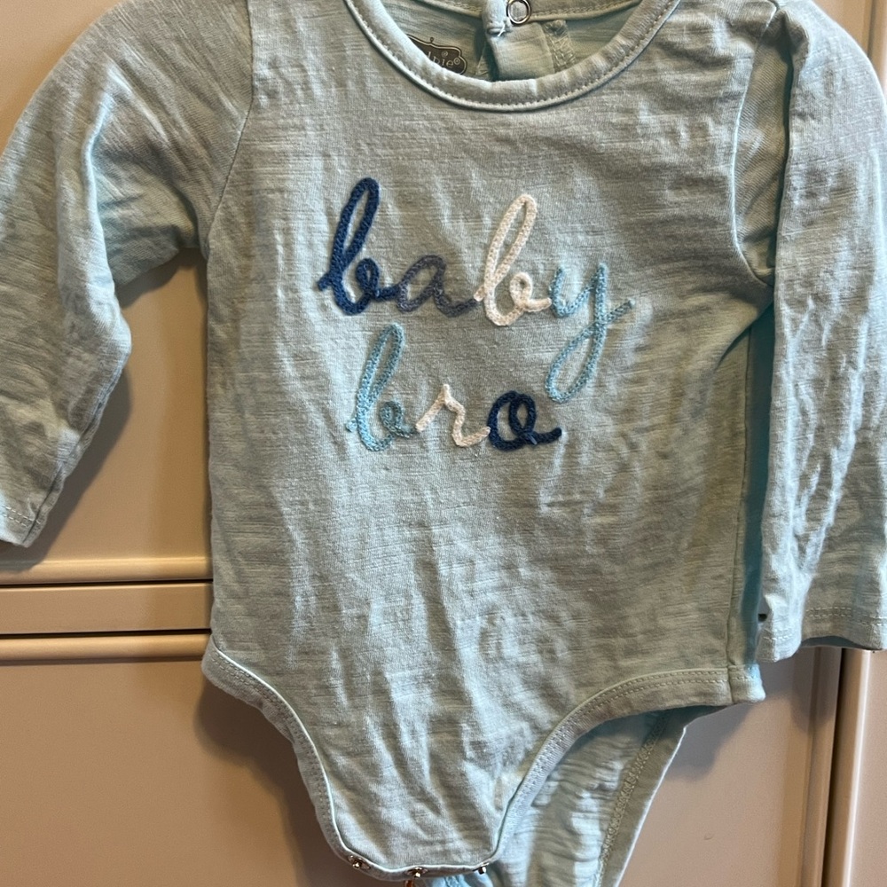 Mud Pie Baby One-Piece Bodysuit in Light Blue with Embroidered 'baby bro'